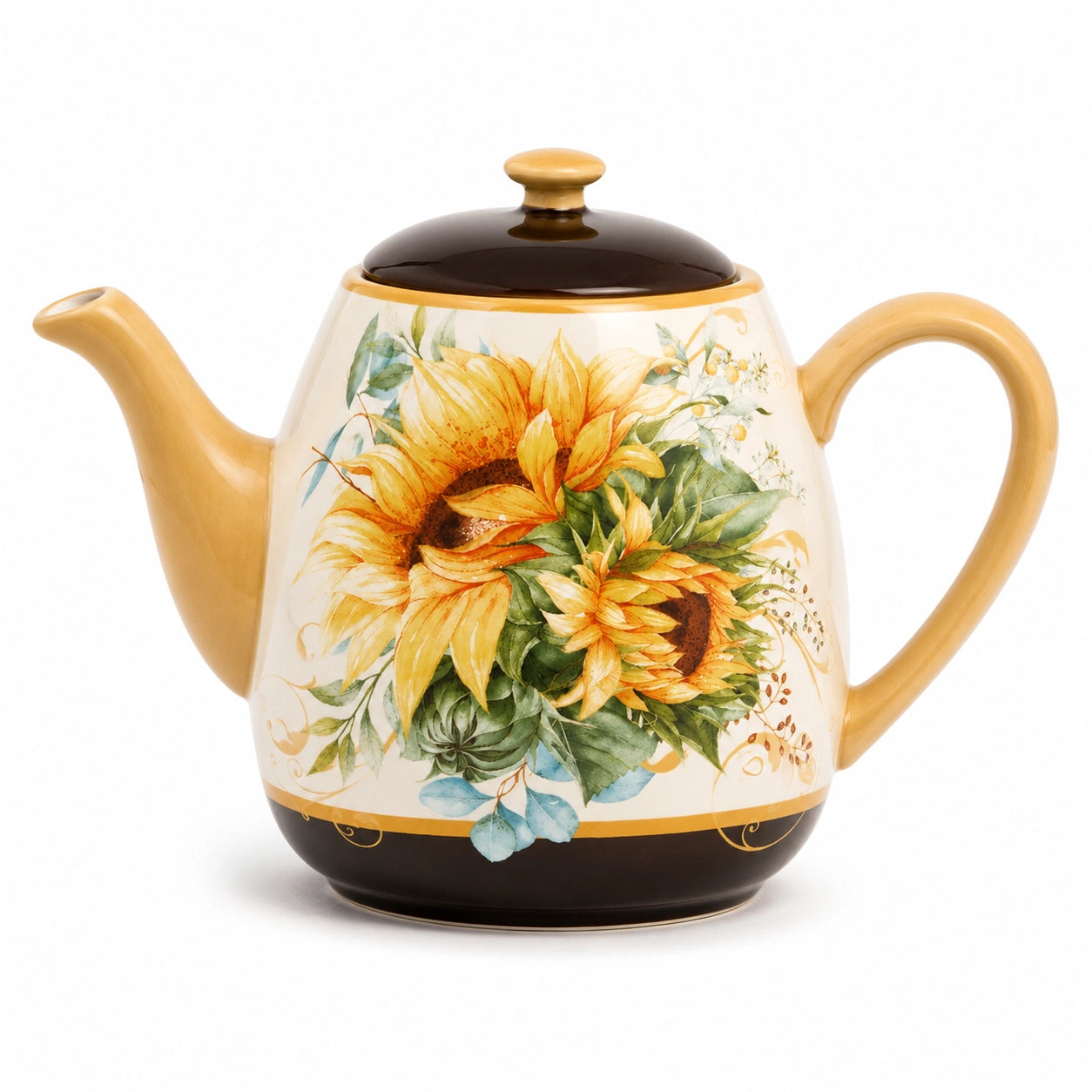 Teiera in ceramica 1200 ml beige e marrone con decoro girasoli e coperchio