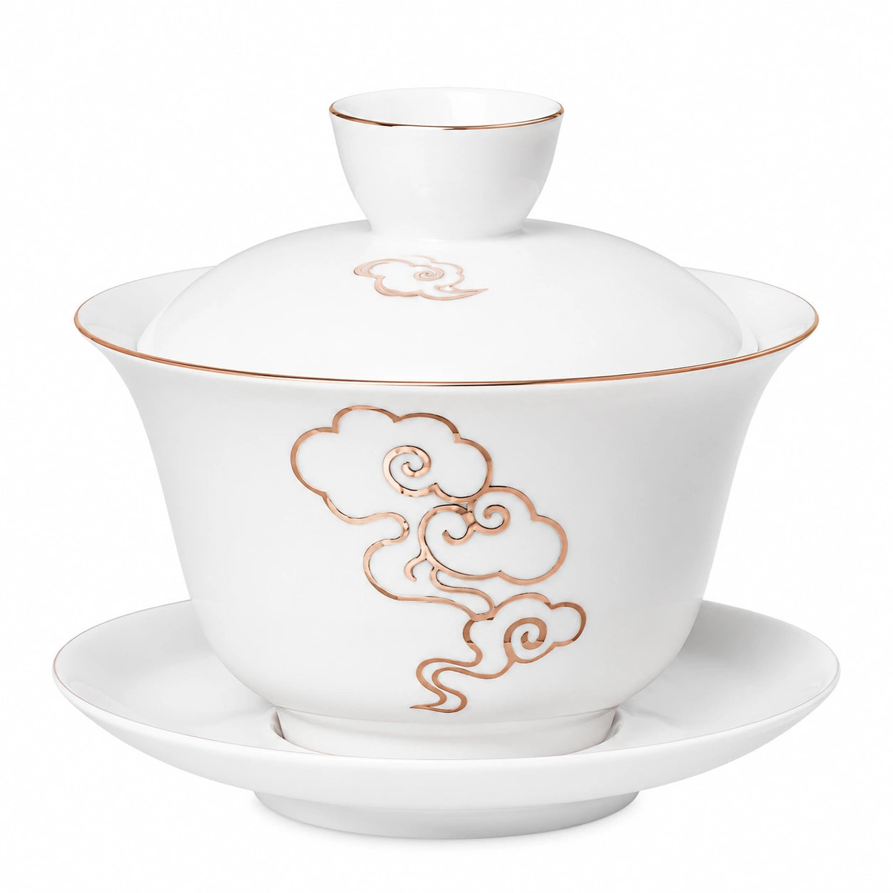 Gaiwan da tè in porcellana 150 ml bianco e rame con coperchio e piattino stile tradizionale