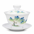 Tazza Gaiwan 120 ml in porcellana bianca con decoro paesaggio e coperchio