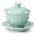 Tazza Gaiwan in ceramica verde celadon 150 ml con coperchio e piattino floreale