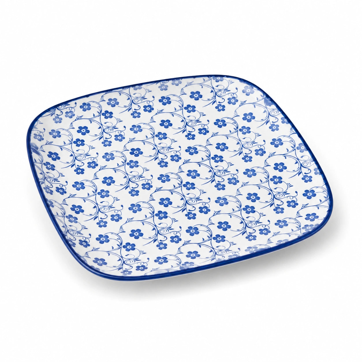 Piatto quadrato 25×25 cm in ceramica bianco/blu con motivo floreale per servire