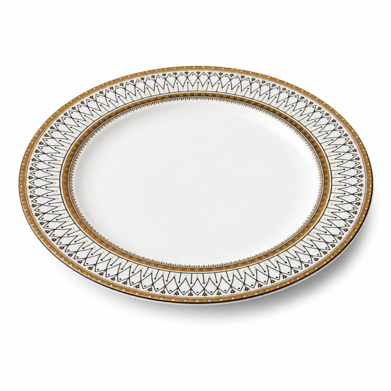 Piatto piano 27 cm in porcellana bianco oro con motivo geometrico