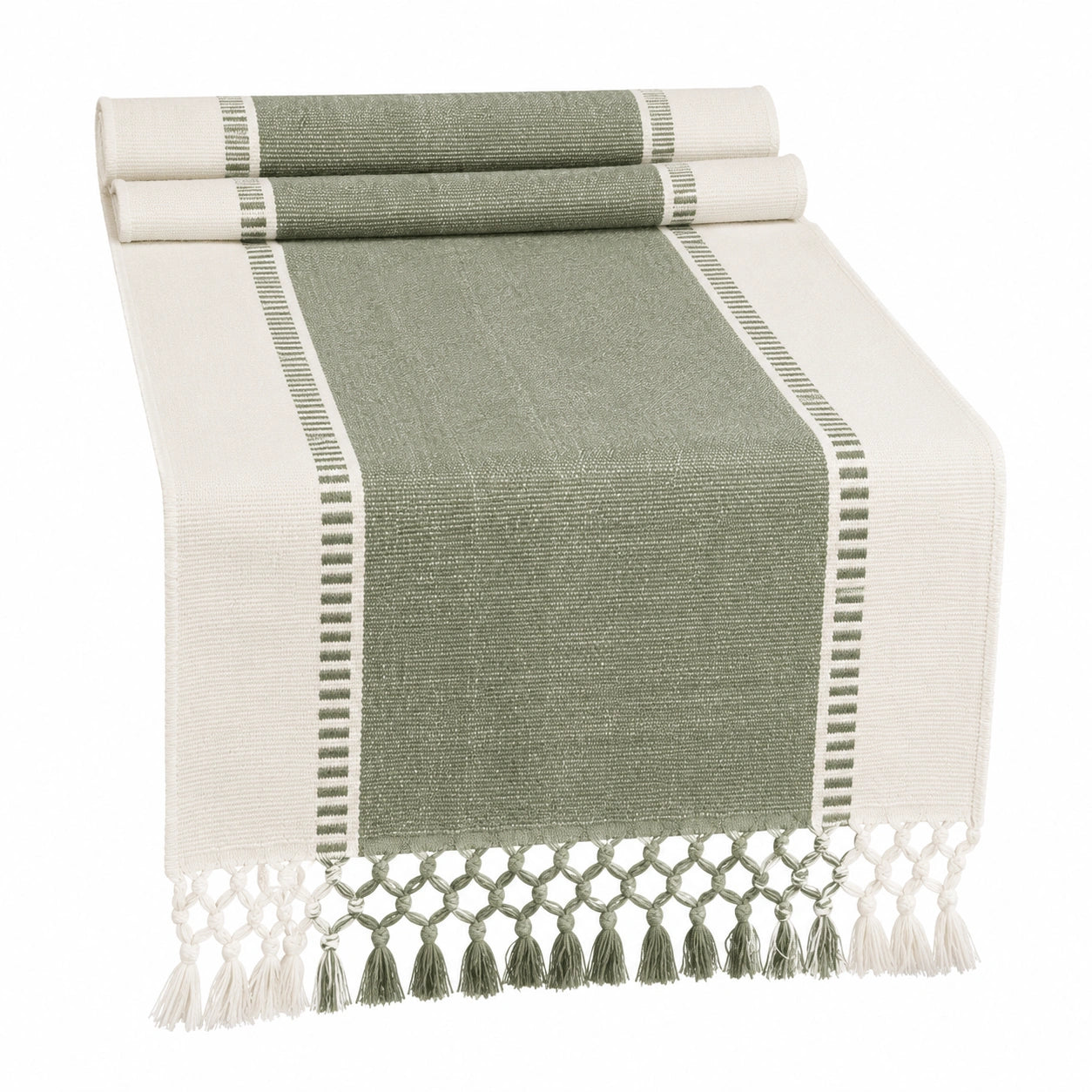 Runner da tavola 180 x 40 cm in cotone verde salvia e avorio con frange