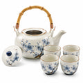 Servizio da tè in ceramica 5 pezzi 900 ml bianco e blu con manico in bambù