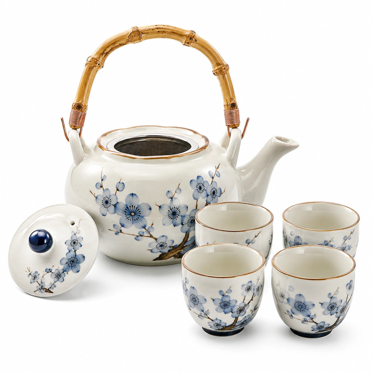 Servizio da tè in ceramica 5 pezzi 900 ml bianco e blu con manico in bambù