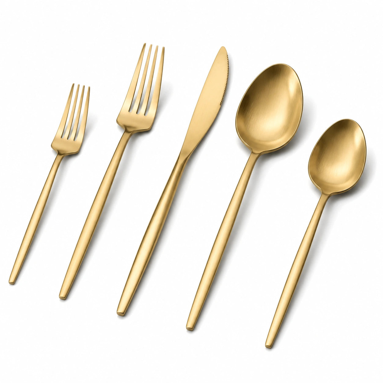 Set di posate 5 pezzi in acciaio inox color oro per tavola stile moderno