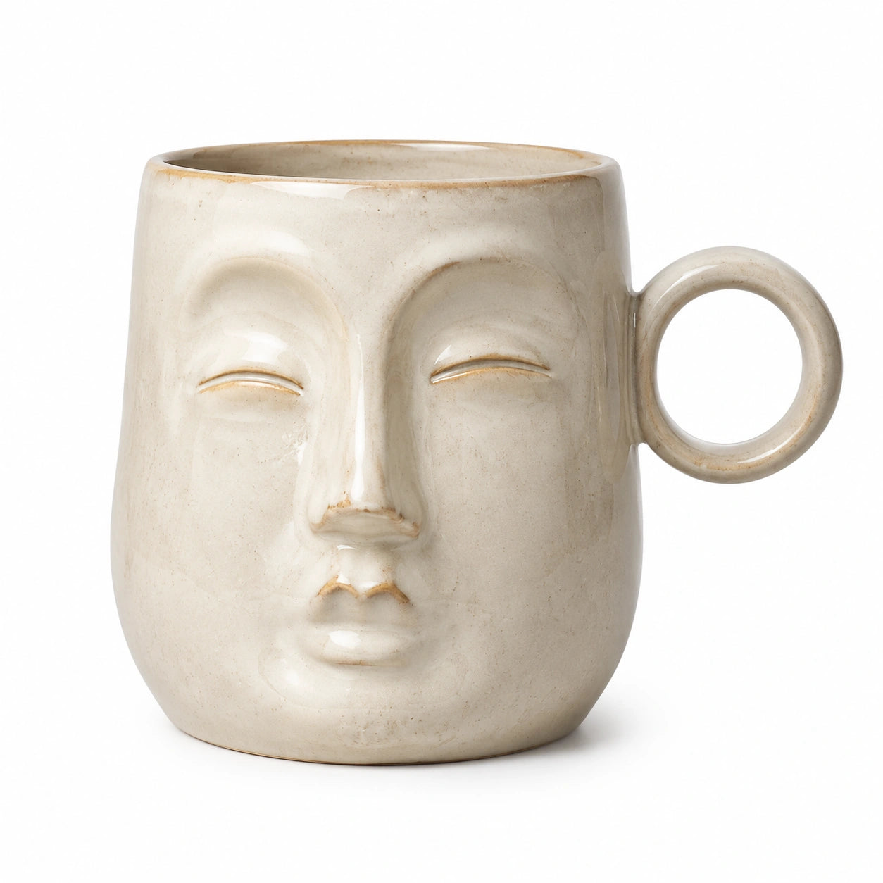 Tazza in ceramica 400 ml beige con volto in rilievo - manico rotondo per bevande calde