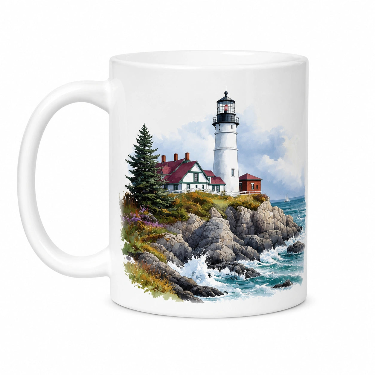 Tazza in ceramica 325 ml bianca con paesaggio faro - manico grande per bevande calde e fredde