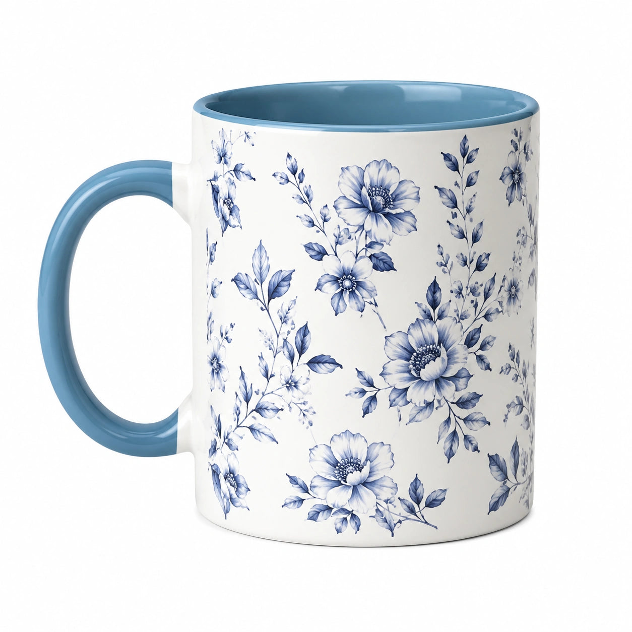 Tazza in ceramica 350 ml bianca e azzurra con fiori blu - manico ergonomico
