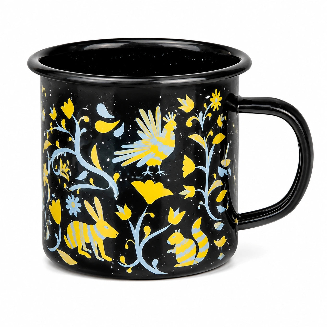 Tazza smaltata 350 ml in metallo nero con manico e decoro floreale